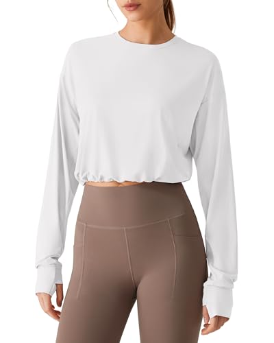G4Free Womens UPF 50+ Workout Tops Drawstring Hem Long Sleeve UV Shirts Thumbholes Crop Rash Guard Lightweight Breathable(White M)