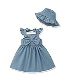 Renotemy Newborn Baby Girl Dresses Summer Cotton Linen Outfits Beach Birthday Party Shower Dress Gifts Boho Smocked Casual Sundress with Sun Hat Infant Clothes for Girl 3-6 Months Denim Blue