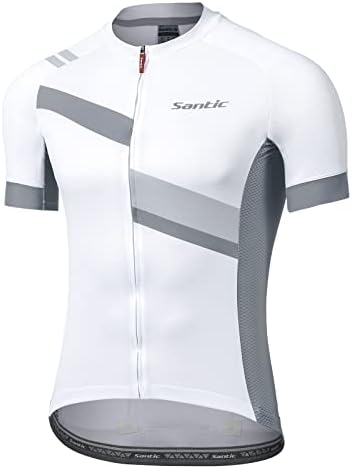 Santic Men's Cycling Jersey Shorts Sleeve Tops Pro Road Bike Bicycle Shirt Full Zip UPF 50+ MTB Jersey with Pockets