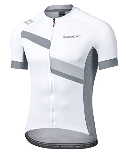 Santic Men's Cycling Jersey Shorts Sleeve Tops Pro Road Bike Bicycle Shirt Full Zip UPF 50+ MTB Jersey with Pockets