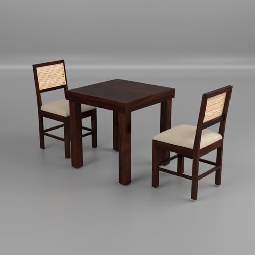 Image of Solid Sheesham Wood 2 Seater Dining Table Set with Cushioned Chairs for Dining Room | Living Room | Home & Office | Hotels Restaurant & Cafe (2 Seater, Walnut Finish)