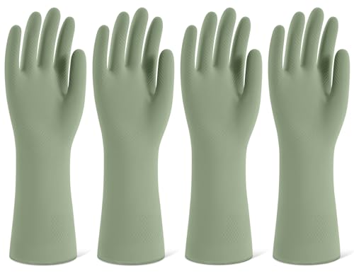 Rubber Cleaning Gloves for Dishwashing, 4 Pairs Reusable Kitchen Gloves for Washing Dishes and Household Cleaning, Green Dish Gloves with Flocked Lining and Non-Slip Grip, Pefect for Woman Men - M
