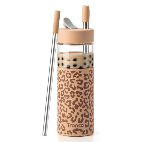 Tronco 24 oz Glass Tumbler with Lid & Straw, Iced Coffee Cup - Smoothie Cup with Silicone Lid for Boba Tea, Home, Office, Travel & Gifts, Borosilicate Glass Cups, BPA-Free, Leak-Proof, Dishw