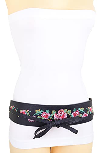 Women Black Tie Fashion Belt - Wrap Around Faux Leather Wide Waistband Flower S M4