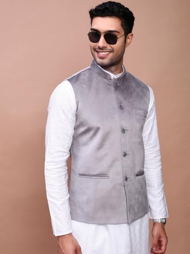 Image of SHOWOFFFF Men Solid Ethnic Nehru Jacket | Mandarin Collar Sleeveless Suede NehruJacket for Mens | Slim Fit Regular Length NehruJackets for Men's