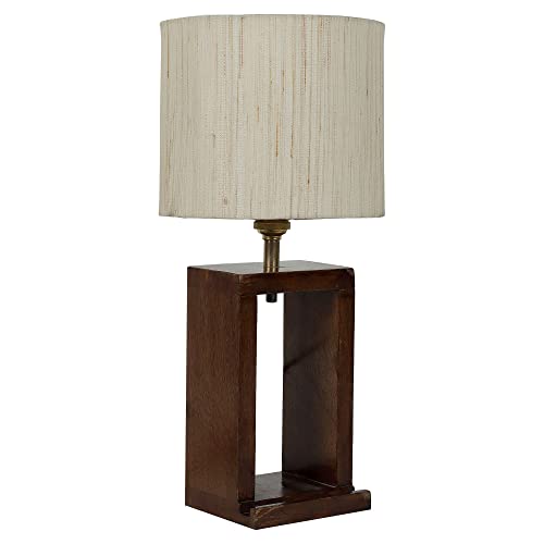 Image of tu casa Wooden Table Lamp with Off-White Cotton Fabric Shade | Bedside Night Lamp for Bedroom & Living Room | Decorative Wooden Nightstand & Study Table Lamp for Home Decor & Gifting
