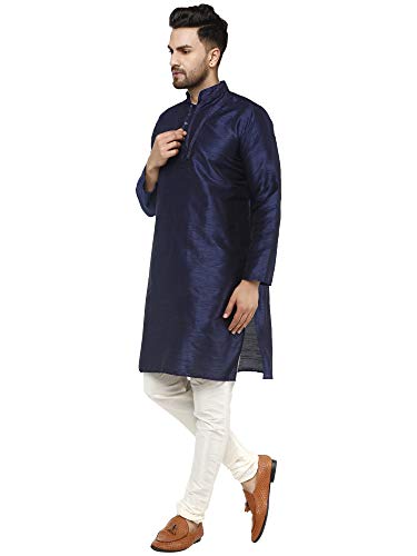 Image of SKAVIJ Men's Traditional Art Silk Kurta With Churidar Pyjama Regular Fit Ethnic Pajama Set Blue, XL