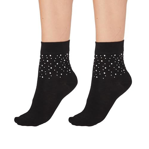 Leggs Runway Womens Fashion Bedazzled Crew Socks | Breathable Quality Sustainable Yarns Comfortable & Stretchy No Bind Band Trendy Embellished Accessories | Black One Size (Pack of 2)