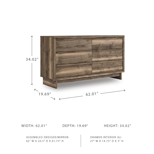 Image of Signature Design by Ashley Darcalli Retro 6 Drawer Dresser with Easy Glide and Safety Stop, Brown