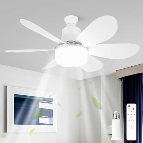 RuiDay Ventilador de techo con luz, lampara ventilador techo con Mando a Distancia, E27 Ventilador de techo silencioso, Regulable en Colores y Velocidades, 6 Aspas para Interior Dormitorio Sal