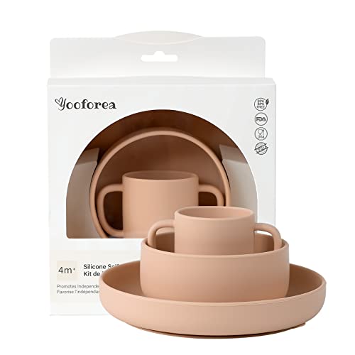 Image of YOOFOREA Baby Led Weaning Supplies I Toddler Infant Baby Essentials First Stage I Baby Feeding Set - Tiny Cup, Suction Bowl & Plate I 100% Platinum Food Grade Silicone I BPA BPS PVC Free - Honey