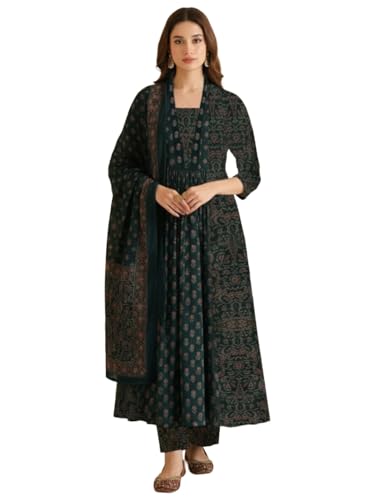 Image of ANNI Designer Women's Viscose Printed A-Line Kurta Set with Pant and Dupatta | Ethnic Wear Dress | V-Neck | 3 /4 Sleeve Indian Traditional Outfit for Women