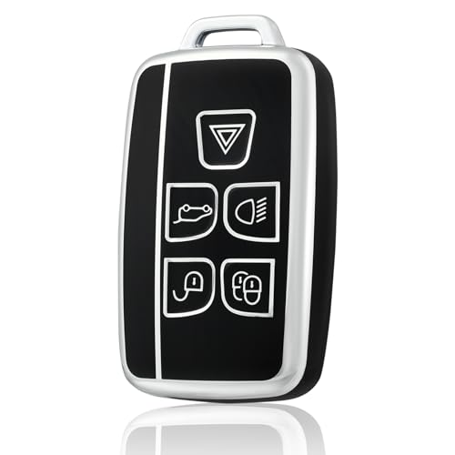 OFF WE GO Coque de Clé Voiture pour Land Rover TPU 5 Bouton Accessoire Clé de Voiture pour Discovery Range Rover Sport Evoque Velar Jaguar XF XE XF XJ F-Pace F-Type, Argent Noir