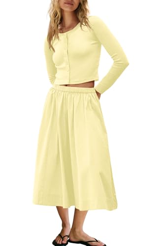 Image of Panadila Womens 2 Piece Lounge Sets Matching Vacation Outfits Ribbed Button Down Cardigan and Elastic Waist Skirt Sets