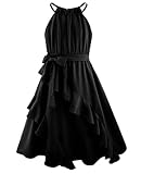 Girls Black Dress 7-8 Halter Neck Tiered Ruffle Belt Sleeveless Tween Little Kids Casual Dresses Vestidos para Niñas