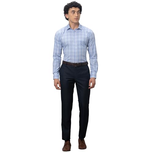 Image of Park Avenue Men's Smart Fit Polyviscose Blend Flat Front Checks Pattern Fancy Blue Formal Trouser
