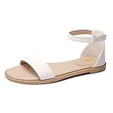 LM Women's Flat Sandals Open Toe One Band Ankle Strap Sandals Casual Summer Flat Sandals (7, White)