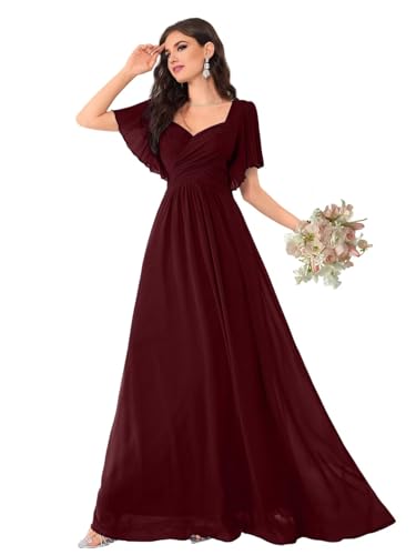 Sweetheart Bridesmaid Dresses for Women Long Chiffon Pleated Waist A Line Formal Evening Gowns with Flutter Sleeve