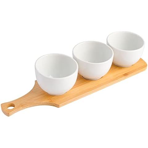 Gibson Home Gracious Dining Dinnerware, 3pc Tidbit Bowl Set w/Bamboo Tray, White, 3-Piece Tidbit Bowl w/Bamboo Tray Cover