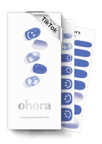 Image of ohora Semi Cured Gel Nail Strips (N Cotton Cloud) - Blue, Patterned, Works with UV /LED Lamps, Salon-Quality, Long Lasting, Easy to Apply & Remove - Includes 2 Prep Pads, Nail File & Wooden Stick