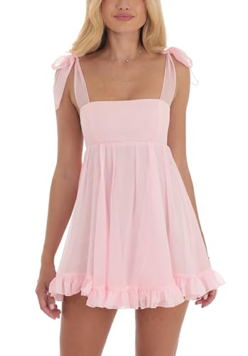 Image of Women Y2k Tie Shoulder Mini Dress Sleeveless Flowy Babydoll Dress Boho Floral Aline Short Sundress