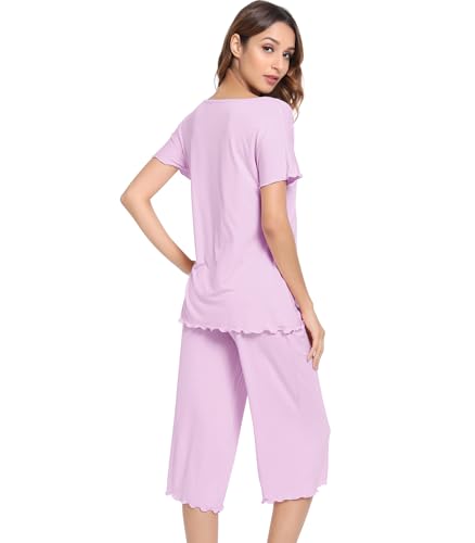 Image of NACHILA Women's Bamboo Viscose Pajama Sets Summer Cooling Short Sleeve Capri Soft Pjs Night Sweats Moisture Wicking Sleepwear