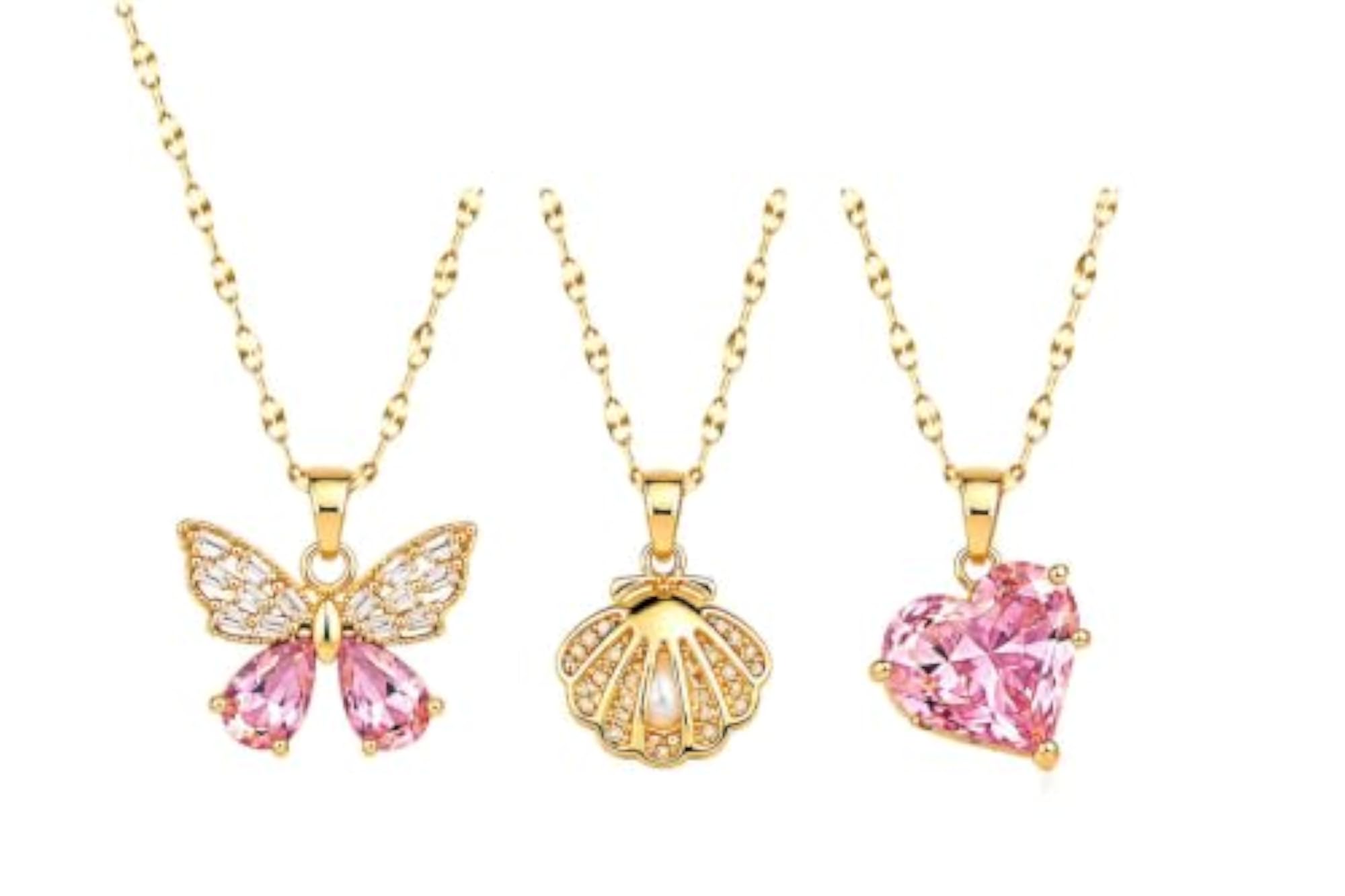 Gold-Plated Pink Crystal Butterfly Pendant Necklace Combo