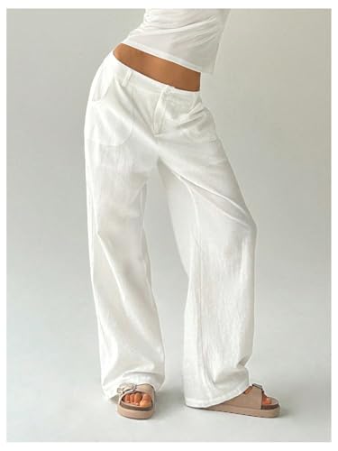 Verdusa Women's Ultra Low Waist Straight Leg Pants Casual Loose Trousers with Pockets3