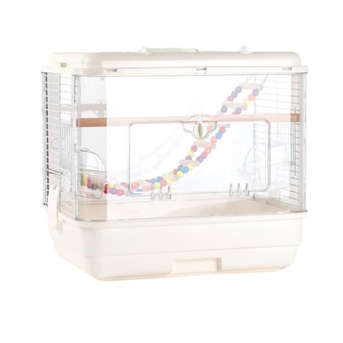鳥かご アクリル [幅42 奥行32 高さ38 クリアケージ かわいいブランコ 止まり木 餌入れ 給水器 付き 透明 鳥カゴ 餌 飛び散らない 飛び散り防止 文鳥 セキセイインコ ボタンインコ コザクラインコ (ホワイト(タイプ2))