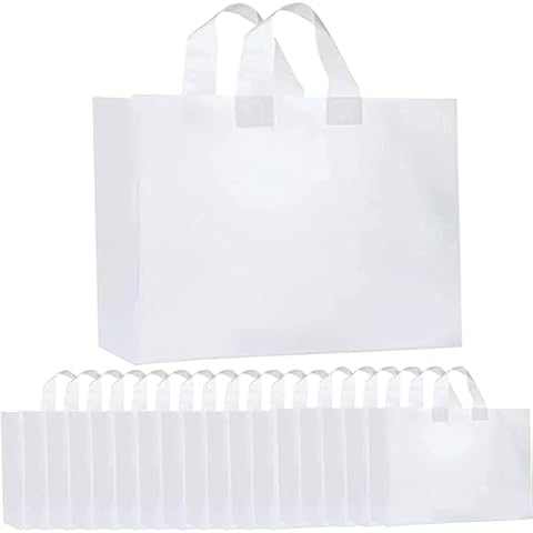 Haploon Clear Bags 100 Pcs Plastic Bags with Handles Bulk, Frosted Large Plastic Bags Soft for Shopping Bags Big Size 16" x 14" x 4", Gift Bags, Take Out Bags, High-Density Cover