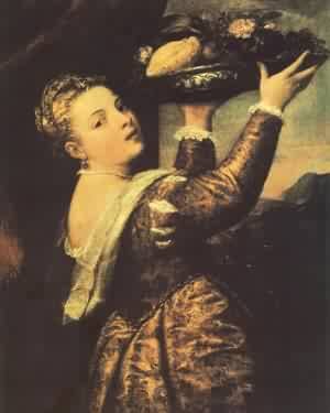 Peinture à l'huile Girl with A Basket de Fruits Titian tableau 24x36