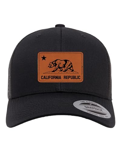 Go All Out Adjustable Black Structured Trucker California Flag Bear Leather Patch Structured Trucker Cap