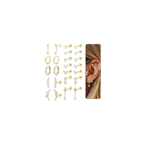 Adramata 12 Pairs Boucles d'Oreilles Femme Or Argent Hypoallergéniques Boucles d'Oreilles Femme Acier Inoxydable Creoles Or Argent Petites Conch Cartilage Tragus Helix...
