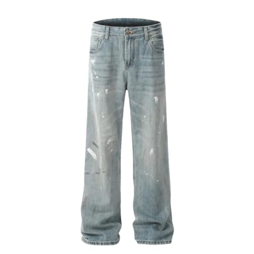 Men's Denim Pants Splashed Ink Washed Jeans Straight Wide Leg Trousers