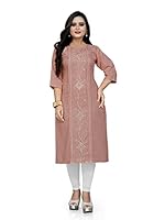 Hetsa Women's Casual Embroidered Plus Size Cotton Blend Kurta Beige