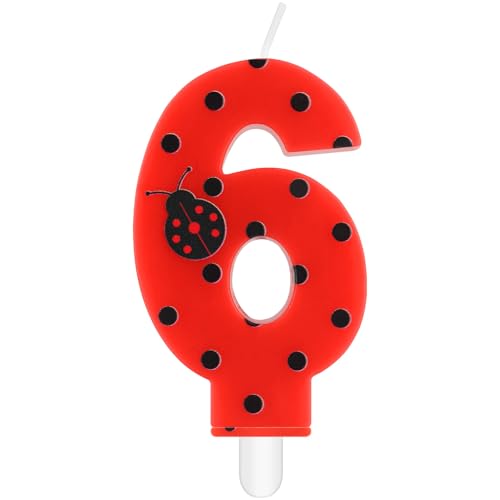 iNINGER Miraculous Number 6 Birthday Candle Ladybug Cupcake Toppers for Kids, Miraculous Black Red Polka Dots Cartoon Ladybug Theme Number Candle for 6th Birthday Party Baby Shower.