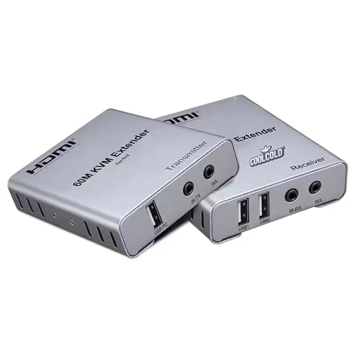 Image of COOLCOLD HDMI KVM Extender 60M Over Cat5e /Cat6 with USB, 1080P HDMI Extender with R /L Audio Support, USB KVM Over Ethernet, Transmitter Receiver for PC Laptop to TV Monitor Keyboard Mouse(Grey)