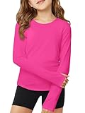 ZDC Girls Long Sleeve Athletic Shirts Kids Crewneck Quick Dry Workout Yoga Tops Basic Tees Activewear Hot Pink