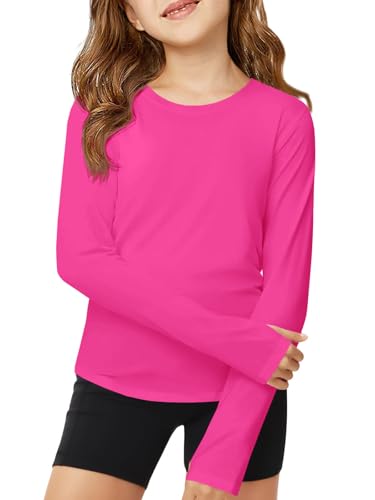 ZDC Girls Long Sleeve Athletic Shirts Kids Crewneck Quick Dry Workout Yoga Tops Basic Tees Activewear Hot Pink