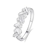 Anillos de aniversario, anillos de plata para mujer, diseño gótico con moissanita redonda y rectangular, oro blanco/platino 950, S 1/2, Oro blanco de 9 quilates, Moissanita