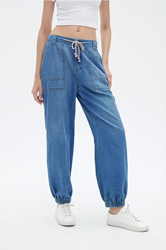 Women's Balloon Jogger Jeans High Waist Drawstring Elastic Waist Casual Loose Boyfriend Denim Pants3