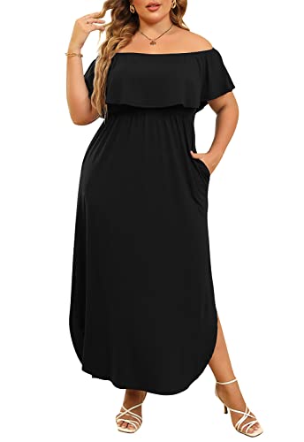Nemidor Women's Upper Flounce Layer Off Shoulder Plus Size Slit Maxi Dress NEM200