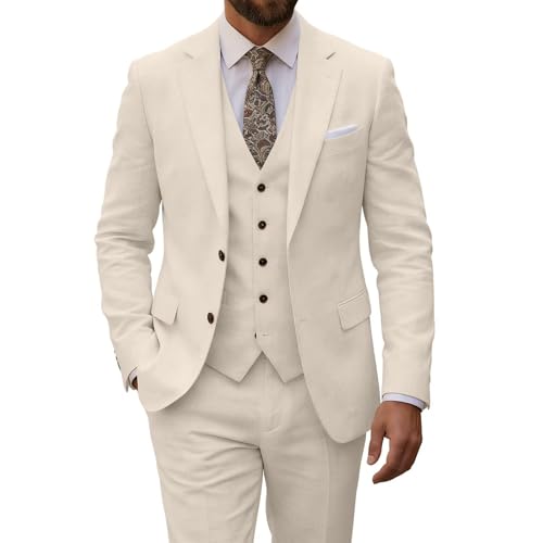 Aowdoy Retro Beige 3 Piece Linen Suit Slim Fit Summer Beach Wedding Tuxedo Casual Prom Blazer Vest &...