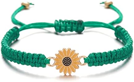 Kicomvi Sunflower Bracelets Adjustable Boho Sunflower Daisy Charm Bracelets Handmade Braided Rope Friendship Matching Bracelets Promise Bracelets for Couples Women Girl Friends Summer Jewelry-green