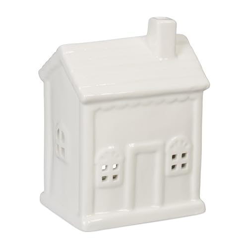 Relaxdays Casetta Portacandele In Ceramica, Casa Luminosa Porta-Tealight, Per 1 Candelina, Hlp: 12,5 X 9 X 7 Cm, Bianco