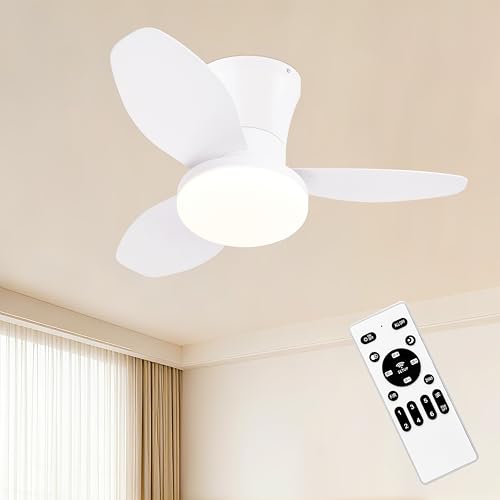HapyClaw Small Ceiling Fan with Light Flush Mount White Fan Lights with Remote Control Dimmable Led Ceiling Light Fixture 3 Fan Flaps for Kids Bedroom Living Room Garage Kitchen Modern 25 Inch