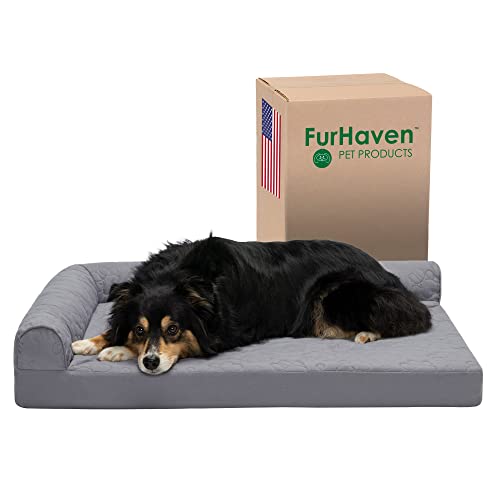 Image of Furhaven Cooling Gel Dog Bed for Large /Medium Dogs w / Removable Bolsters & Washable Cover, For Dogs Up to 55 lbs - Pinsonic Quilted Paw L Shaped Chaise - Titanium, Large