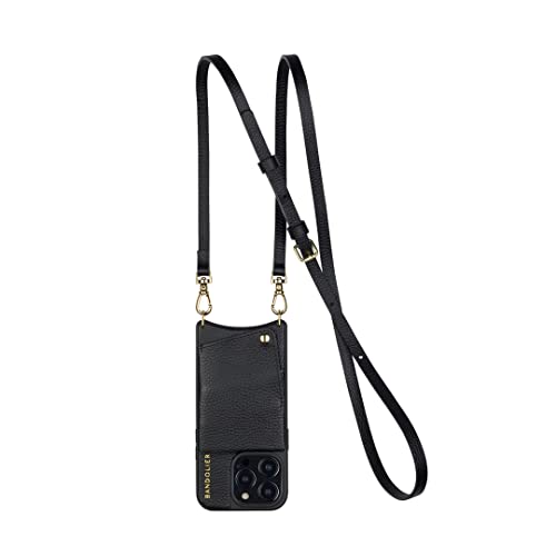 Bandolier Emma Crossbody Phone Case and Wallet for iPhone 14 Pro Max - Black Leather with Gold Detail - Thumbnail 3