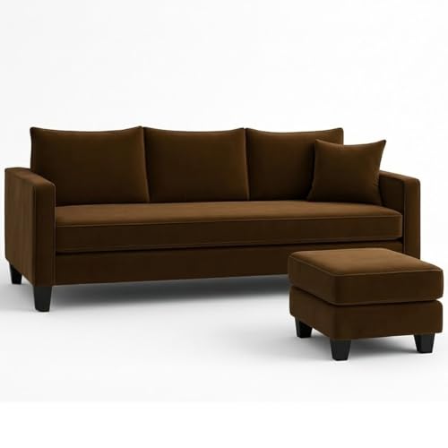Image of FURNY Conva 4 Seater L Shape Sofa Set with Movable Ottoman | Flexible Left or Right Layout | Plush Velvet Fabric (Dark Brown) | Perfect for Living Room, Guest Room & Office