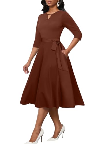 Image of CLOCOR Midi Dresses for Women Casual A-Line Fit and Flare Dress Crewneck 3 /4 Sleeve Keyhole Cocktail Party Church Dress